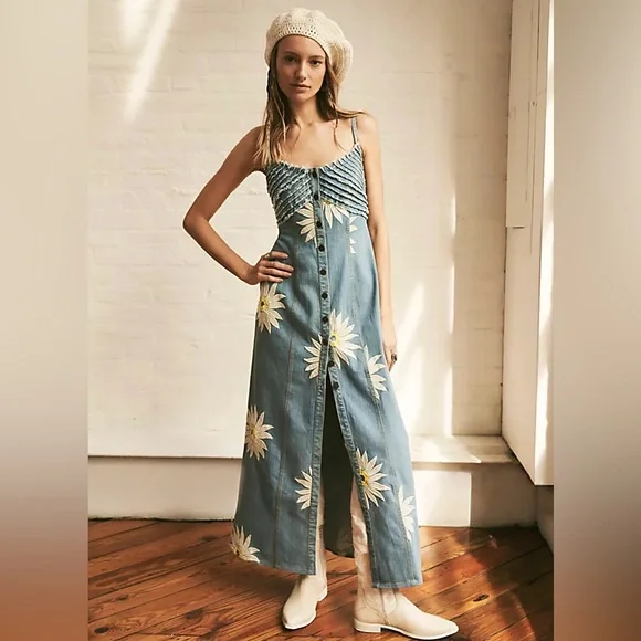 Free People | Dresses | Free People Maisie Denim Button Front Maxi Floral  Embroidered Dress | Poshmark